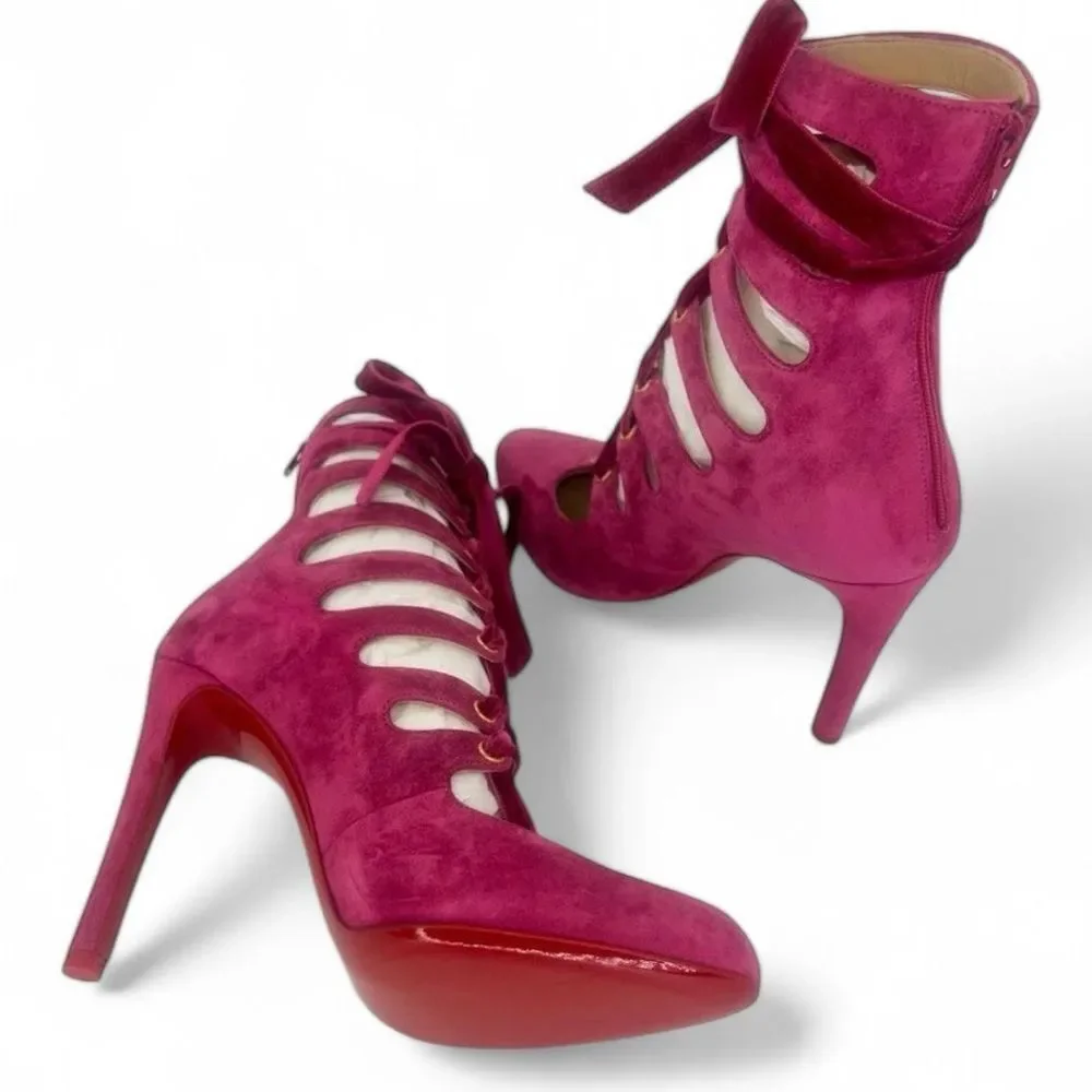 NEW CHRISTIAN LOUBOUTIN Spinetita Loulou Pink Lace-Up Booties Size EU36.5